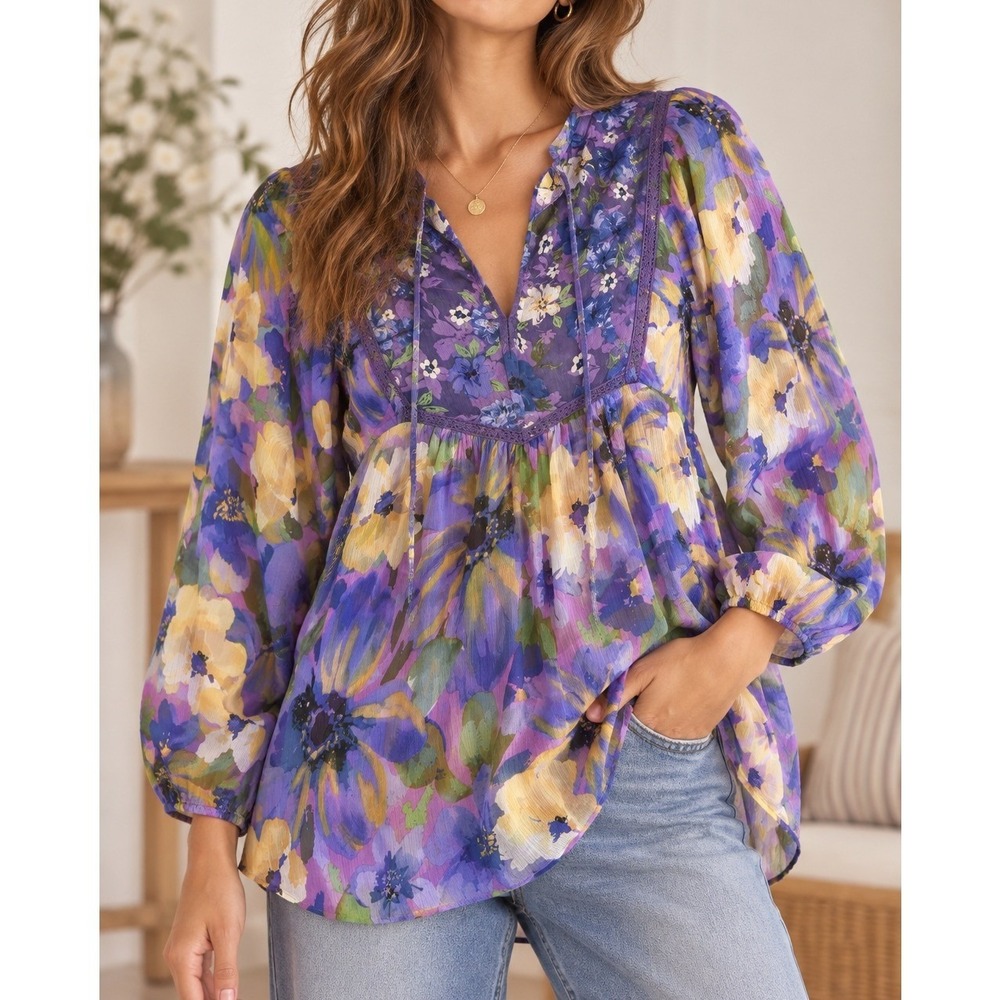 Fig and Flower Womens XL Purple Floral Babydoll Blouse Chiffon Top NWT